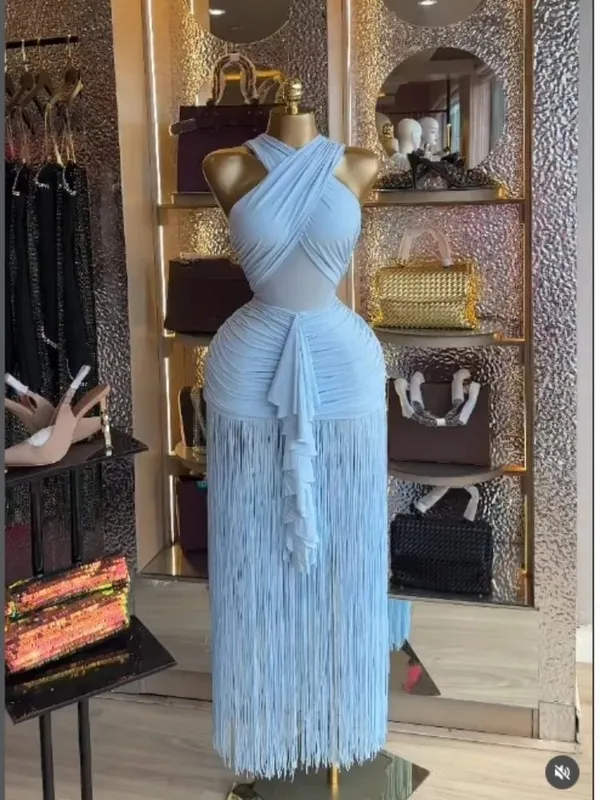 CM.YAYA Women Wraped Halter Neck Tassel Patchwork Stacked Midi Bodycon Maxi 2026 Spring Summer Holiday Party Trendy Long Dresses — image 7