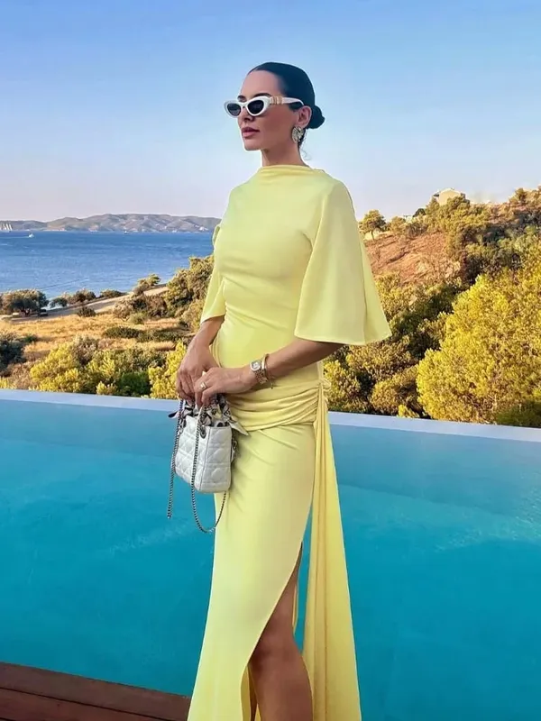 Women's Solid Yellow Backless Maxi Dress Elegant Split Slim Fit Pleated Half Sleeve Long Dresses 2025 High Street Summer Gowns — image 4