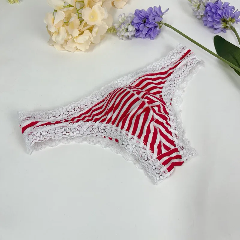 Men Lace Trim Striped G-string Underwear Half-covered Butt Low-rise Pantie Breathable Sexy U Bulge Pouch Comfortable Tong — image 10