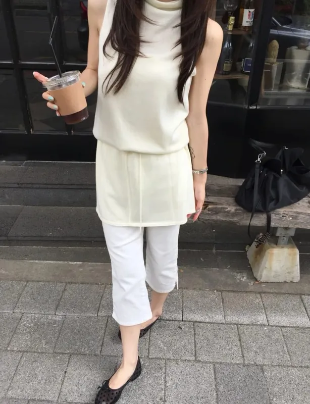Summer Elegant Drawstring Waist Slimming Sleeveless Short Dress Comfortable Casual Style Women's Clothing Commute Suitable