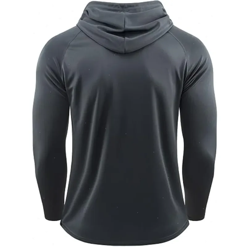 Camisetas masculinas de manga comprida com capuz e proteção solar Camiseta de secagem rápida sólida para homens Bodybuilding Fitness Muscle Sportwear Roupas de ginástica — image 5