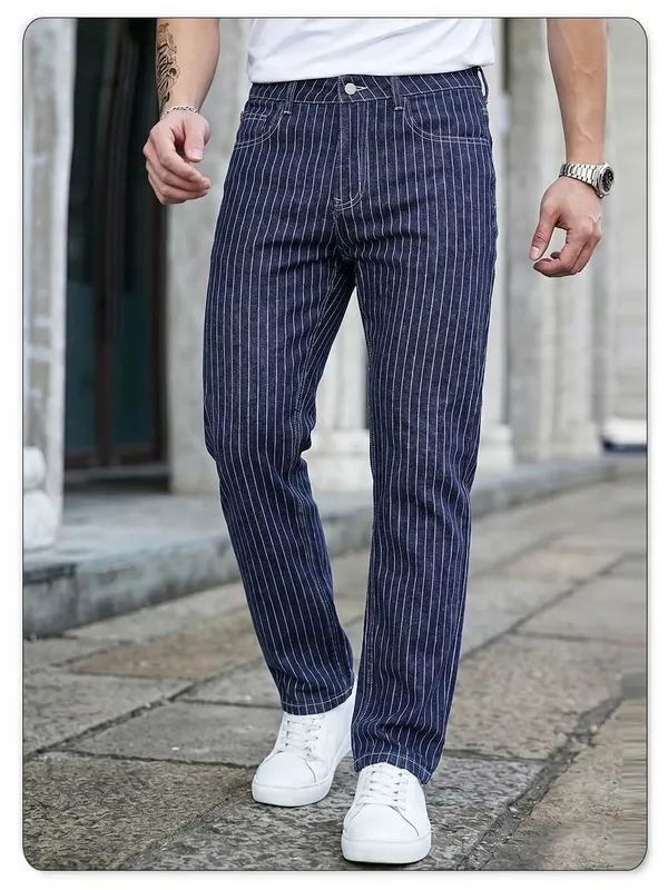Light Luxury Blue White Striped Jacquard Slim Elastic Fit Straight Leg Jeans Business Casual Style Commuting Denim Pants — image 6