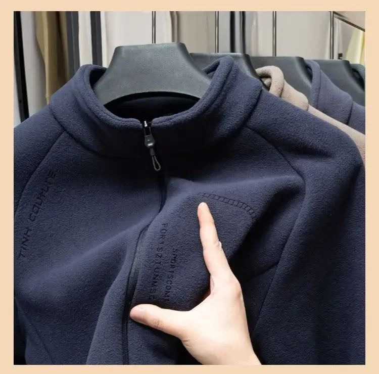 Men Double-sided Polar Fleece Hoodie Cardigan Solid Full Zip Warm Letter Print Casual Coats Thicken Sport Classic Sweatshirts — image 11