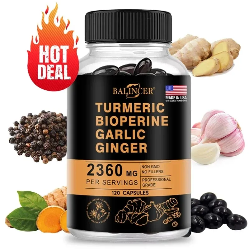 Suplemento de cúrcuma e gengibre com piperina 2360 mg com alho Conforto Suplemento nutricional digestivo e imunológico sem cálcio e glúten — image 1