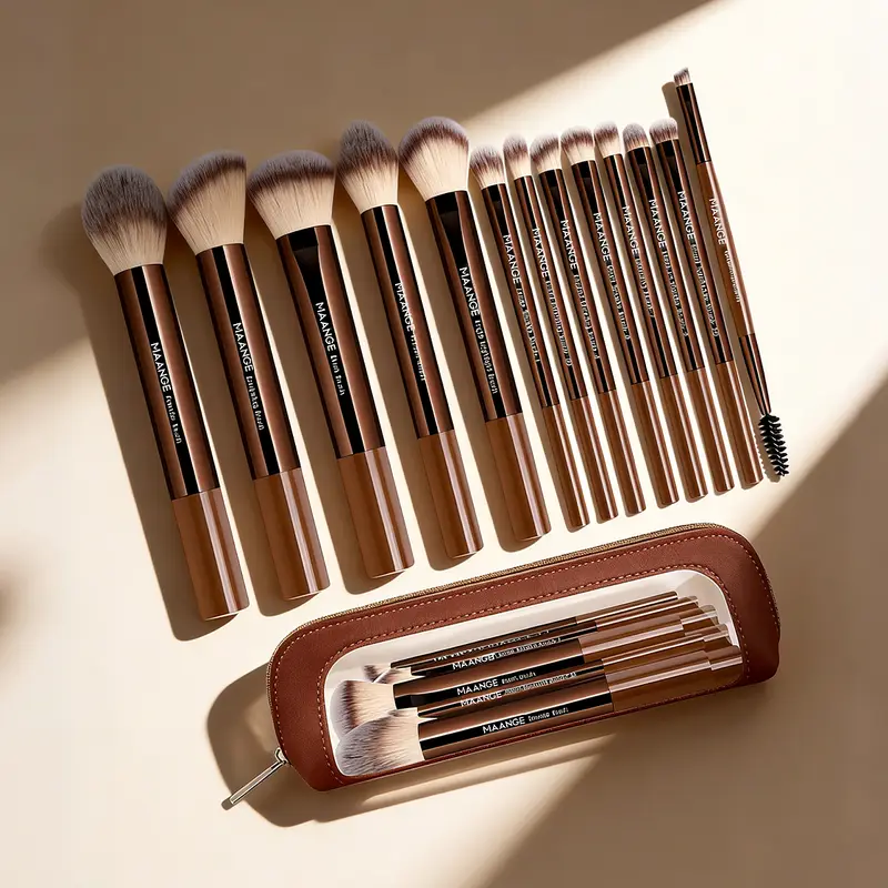 13pcs Classic Makeup Brushes with Storage Bag Soft Foundation Powder Eyeshadow Kabuki Blending Makeup Tools Coffee Brown — image 1