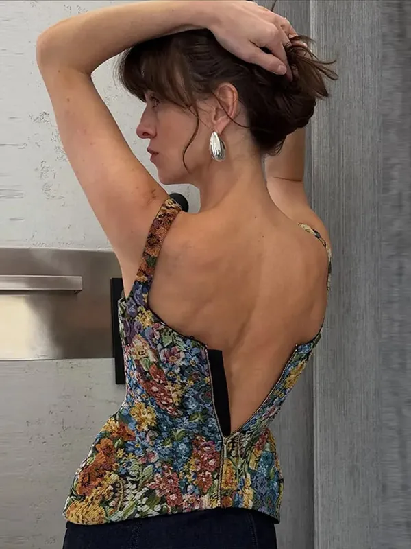 Elegant and Sexy Retro Printed Camisole Tight Corset Women's Backless Zipper Sleeveless Slim Fit High Street Party Vacation Top