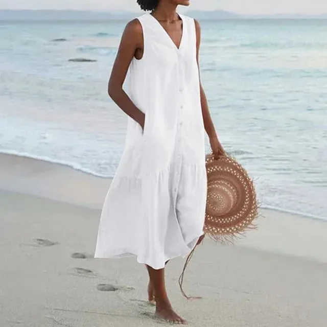 Verão solto casual retalhos algodão linho pocktes vestido com decote em v estilo praia vestido sem mangas vintage clube midi sólido vestido feminino — image 7