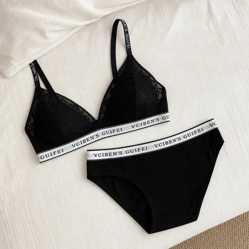 Set Pakaian Dalam Rekaan Surat Selesa Deep V Lace Sut Seluar Dalam Wanita Penyekat Warna Set Seluar Dalam Bra Tanpa Wayar Setiap Hari
