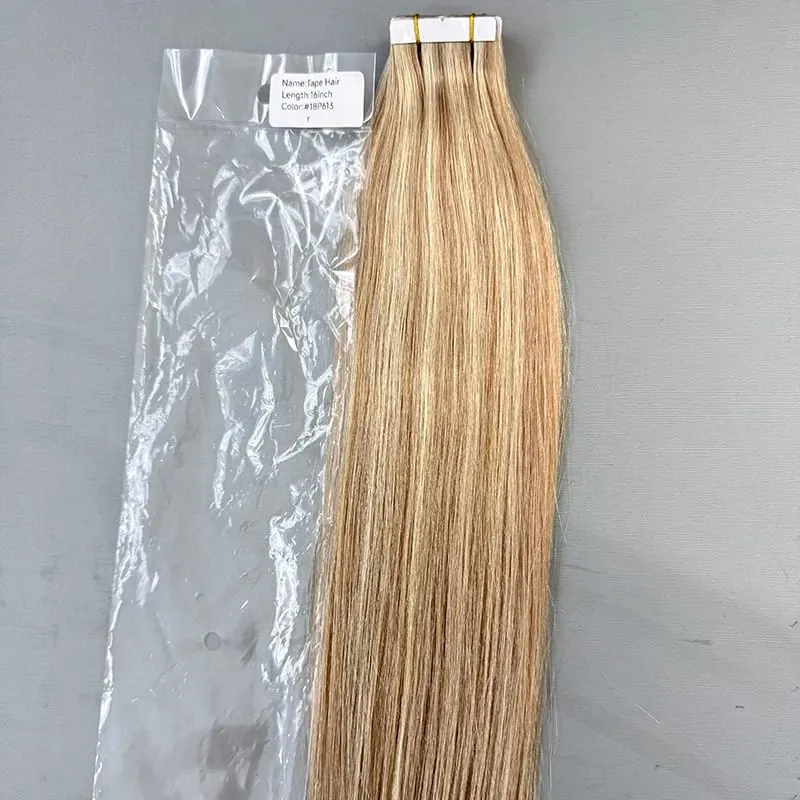 Remy Virgin Hair Tape in Extensions #P18/613 Blonde Straight Adhesive PU Skin Weft 14-22 Inch Human Hair Extensions for Women — image 4