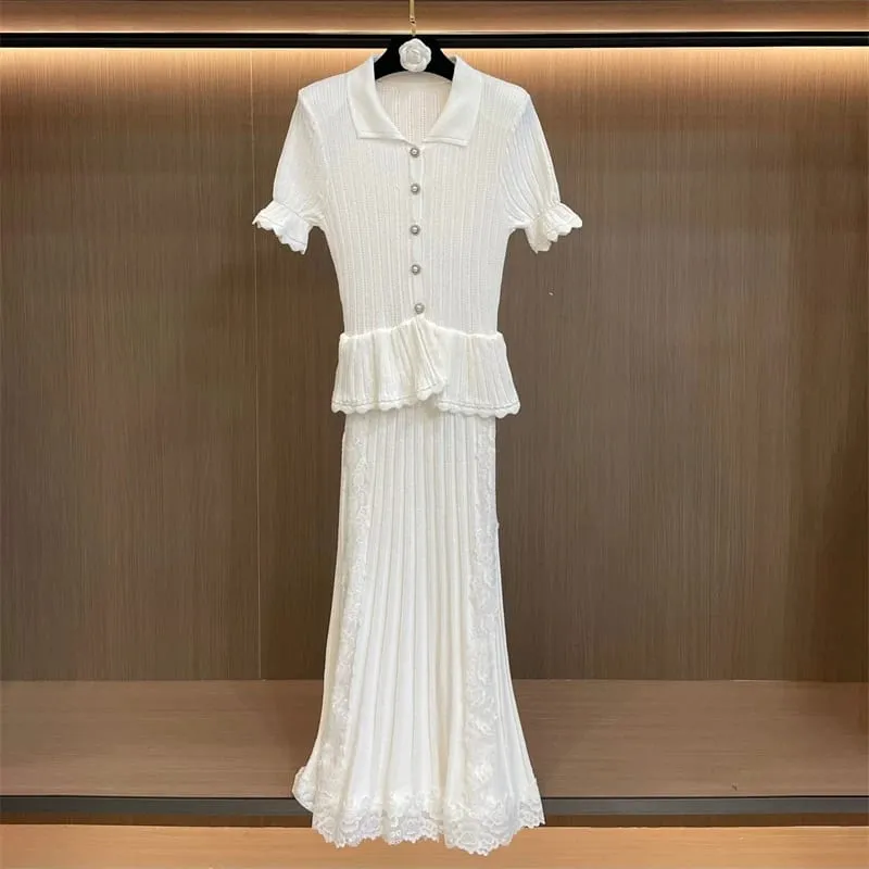 New Summer Women's Lace-Trimmed Short-Sleeve Knitted DressY2K High-Quality Fashionable Casual Faux Two-Piece Fishtail Maxi Dress — image 4