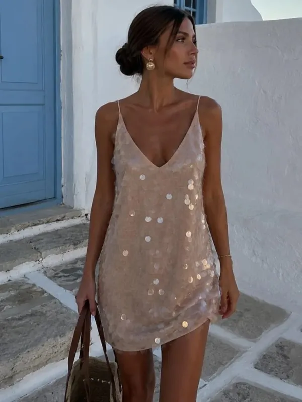 Pambabaeng Sexy Sequin Backless Short Dress High Waist Sleeveless Bodycon Mini Dresses 2026 Beach Vacation Party Club Outfits — image 6