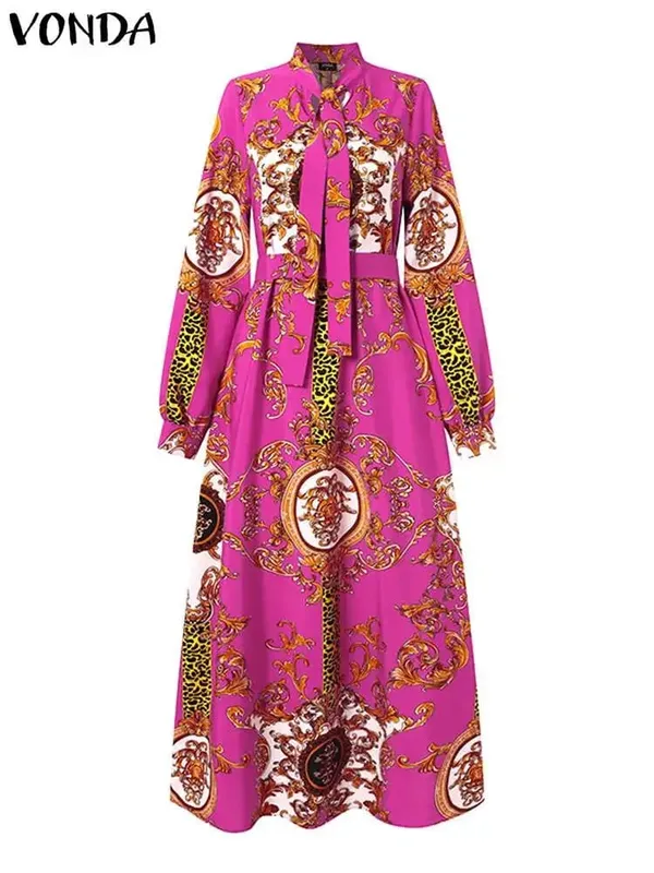 Maxiklänning 2024 Sommar Kvinnor Bohemian Tryckt Fest Solklänning Långärmad Stativ krage Fritidskläder Semester Vestidos Bälte — image 5