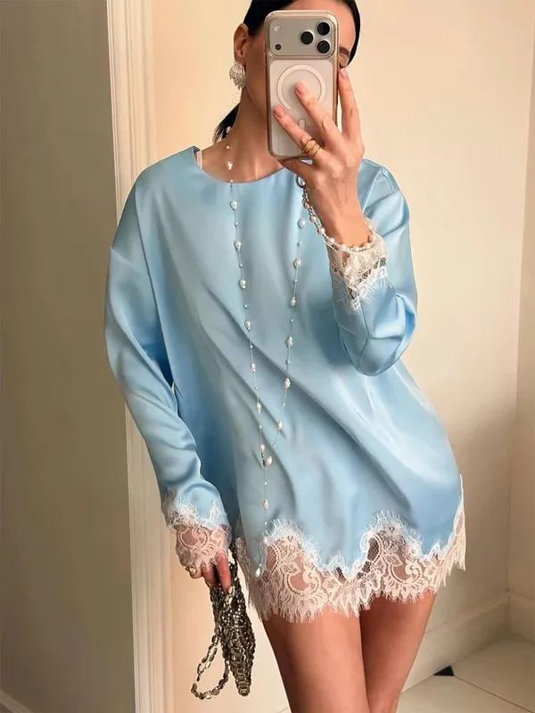 Pambabae Light Blue Lace Satin Round Neck Dress Elegant Side Tie Long Sleeve Soft Short Gown 2026 Daily Vacation Party Sundress — image 3