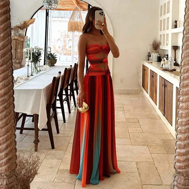 Tie-dye Gradient Hollow Out Women's Maxi Dress Elegant Off Shoulder A-line Hem Long Dresses New Summer 2025 Holiday Female Robes — image 4
