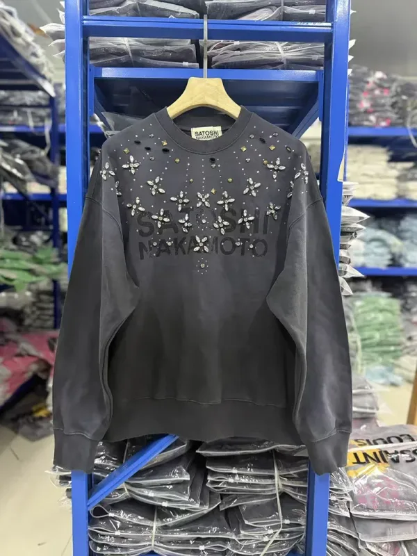 Letters Logo Rhinestone Rivet Satoshi Nakamoto Sweatshirts Men Women Streetwear Vintage Washed Charcoal Gray Green Pullovers Tag — image 9