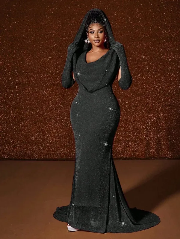 Plus size chapéu sexy cintura quente ouro peixe cauda balanço longo cor sólida fishtail pacote fino hip vestido com capuz