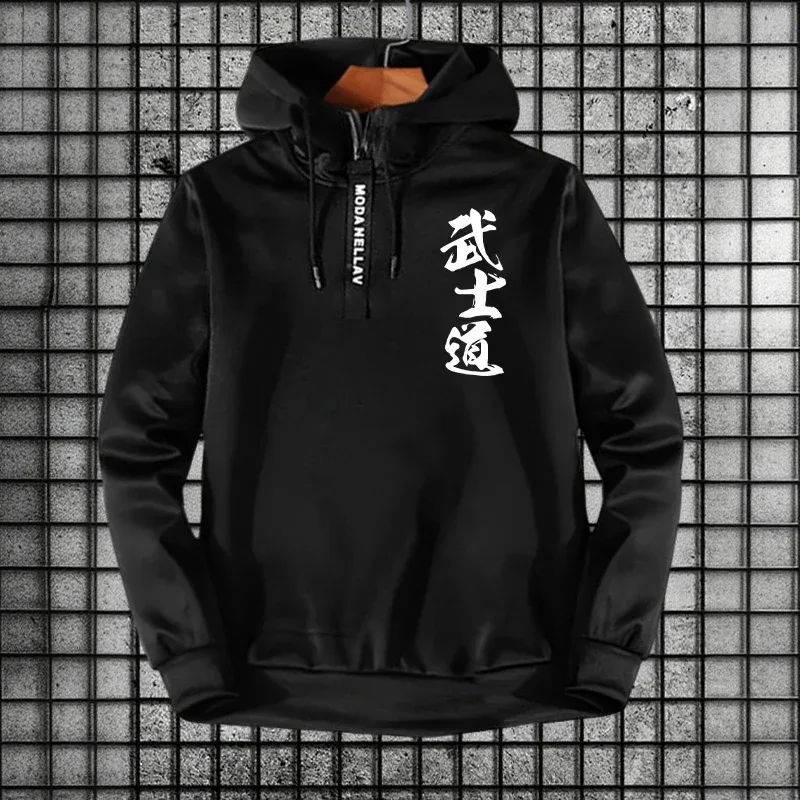 Bushido impressão masculina meio zíper com capuz moda urbana com capuz manga longa moletom outono inverno diário casual esportes pulôver