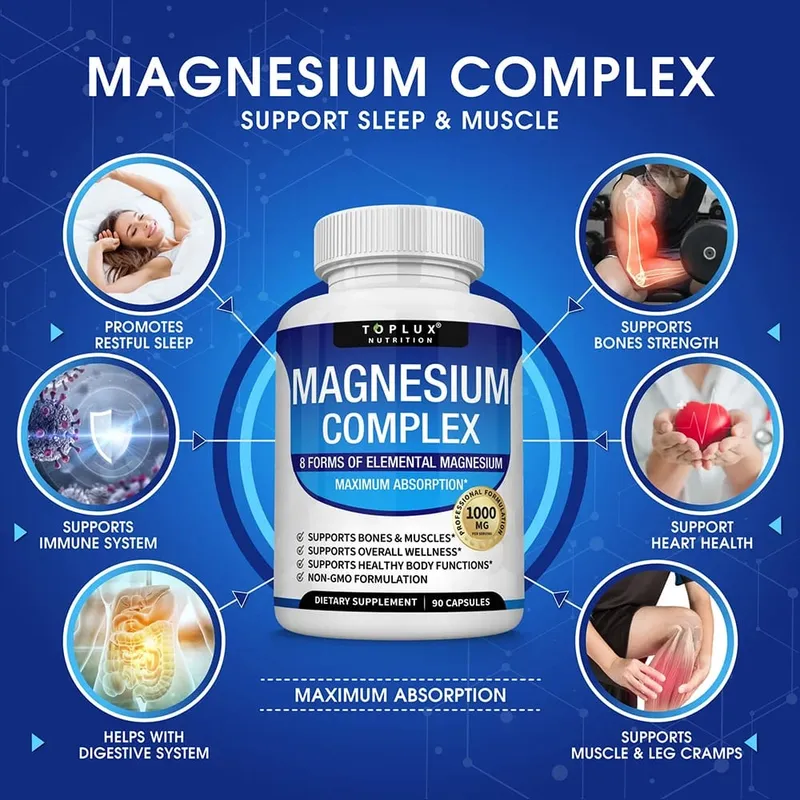 마그네슘 복합체 1000MG 보충제 - 마그네슘 글리시네이트 구연산염 및 말산염 - 수면 지원 스트레스 완화 근육 및 이완 — image 3