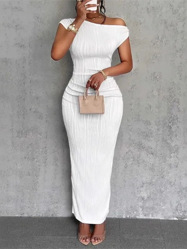 Mode Vatten Ripple Sned Shoulder Dress Dam Elegant och Enkel Enfärgad A-linje krage Mellan midjan Sexig höftomlott kjol — image 4