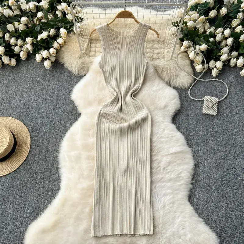 YuooMuoo Chic Fashion Sexy Wrap Hips Knitted Maxi Dress 2026 Spring Summer Ribbed Slim Elastic Sleeveless Tank Dress Lady Vestid