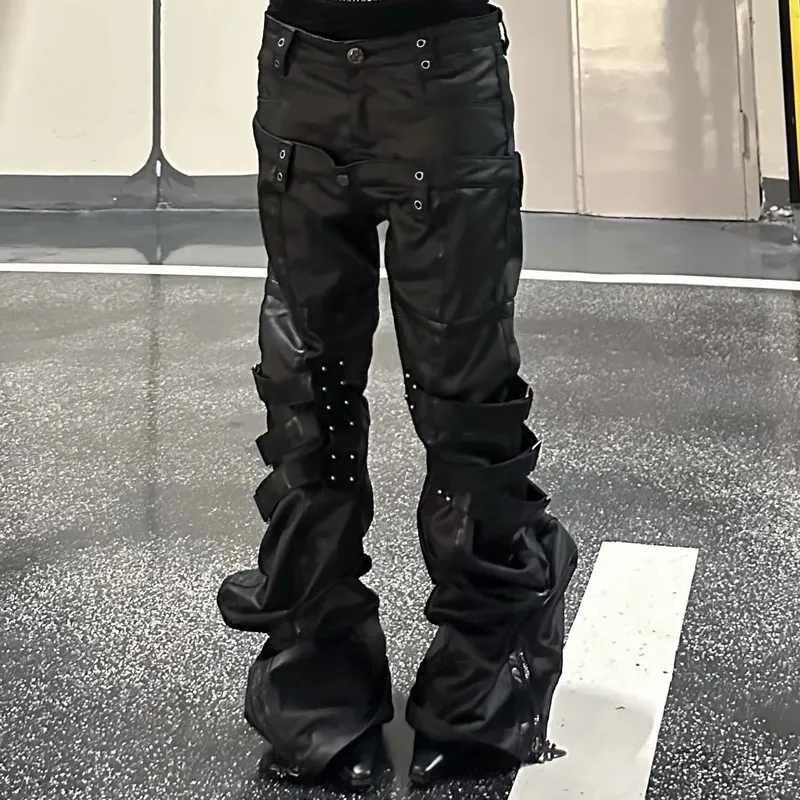 Men Women Wax Coated Skinny Stacked Jeans Double Waist Strap Buckle Patchwork Leather Gothic Punk Flared Curved Denim Pants