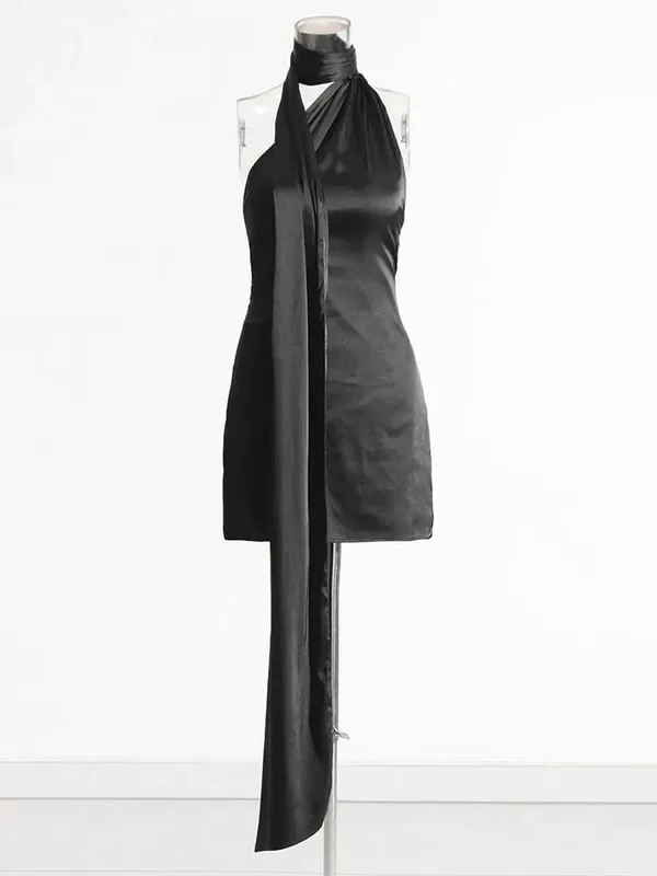 Vgh retalhos vestidos formais para mulheres gola halter fora do ombro sem mangas cintura alta sem costas cetim mini vestido estilo feminino