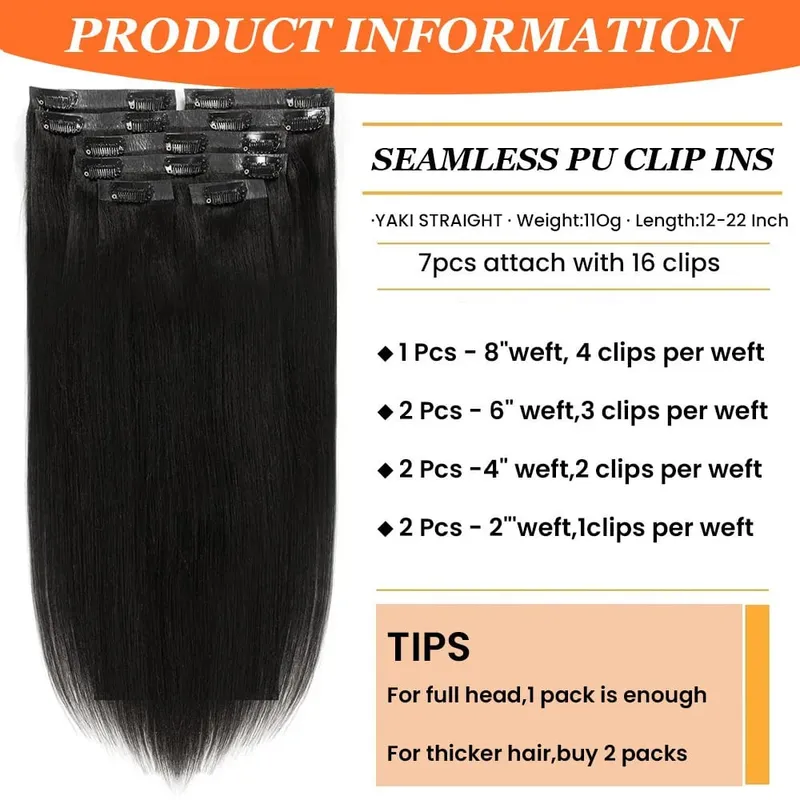Seamless Light Yaki Straight PU Clips In Human Hair Extensions Natural Color Invisible Weft In Brazilian Remy Human Hair 110G