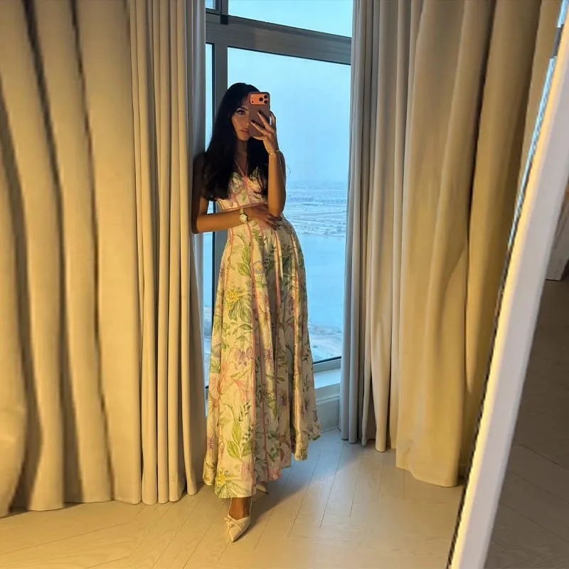 Feminino retro floral impressão espartilho maxi vestido sexy sem mangas halter pescoço flowy vestido longo senhora verão férias namoro streetwear — image 6