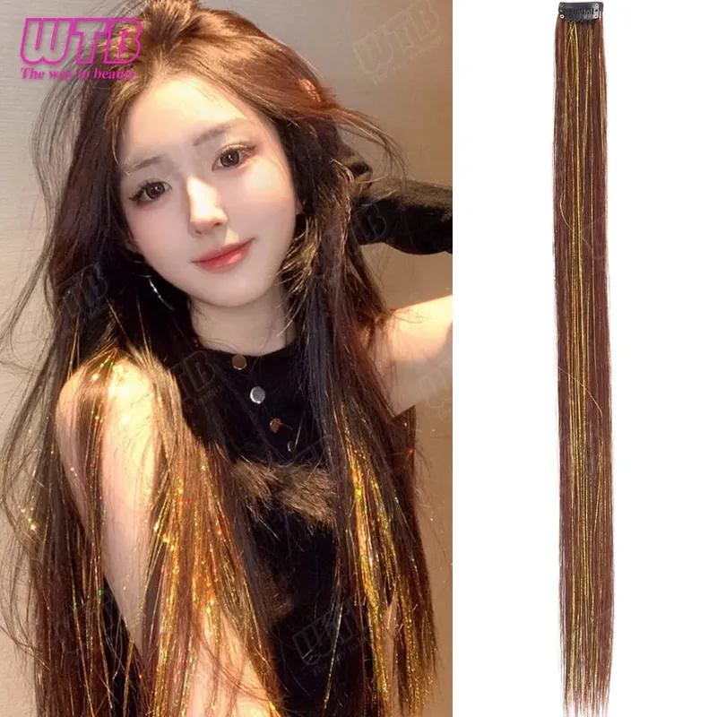 Synthetic Gold Laser Highlighted Hair Extension Wig BB Clip Style Straight Hair Extension Wig Suitable for Women's Daily Wear