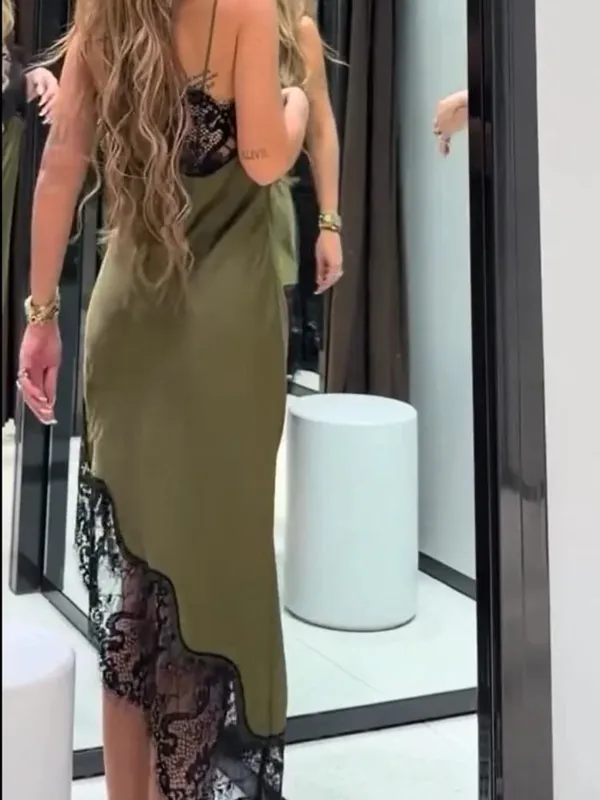 Chic renda retalhos cetim camisola vestido sem mangas ver através de vestidos de bainha irregular 2026 nova festa diária ao ar livre traje casual — image 4