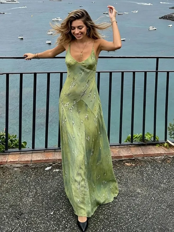 Chic Deep V-neck Slim Fit Long Dress Women Casual Solid Spaghetti Straps Sling Dresses 2026 Lady Elegant Party Evening Wear New