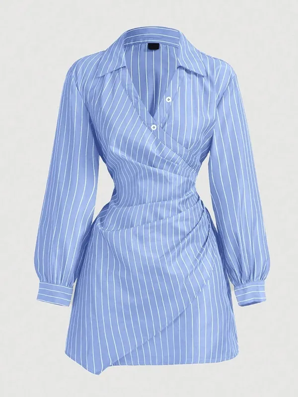 Women Casual Dresses Long Sleeve Striped Wrap Waist Shirt Dress Elegant Spring Summer Office Brunch Lightweight Mini Dress