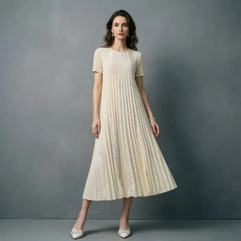 Miyake Pleated Elegant Dresses Women 2026 Summer New Vacation Solid Color Dress Loose Pleats Short Sleeve Plus Size Fold Dress — image 1