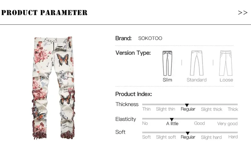 Men Butterfly Print Denim Jeans Flower Pattern White Stretch Cotton Slim Pants Tassels Multi Pockets Cargo Trousers Good Quality — image 7