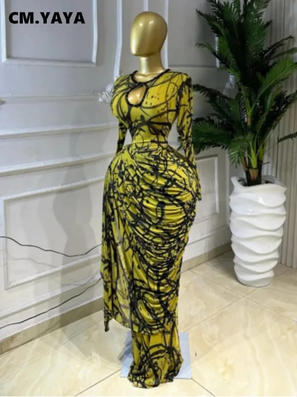 CM.YAYA band med randigt tryck för kvinnor Rynkad långärmad Bodycon Maxi långklänning 2026 Sexig födelsedagsfest Utbildning Trendiga klänningar — image 2