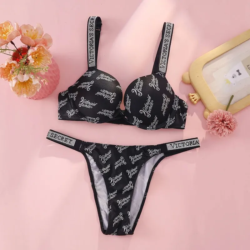 Victoria Secret Hot Sexy Lingerie Set Very Sexy Logo Shine Strap Tropical Floral Push Up Bra Shine Script Thong Panty — image 10