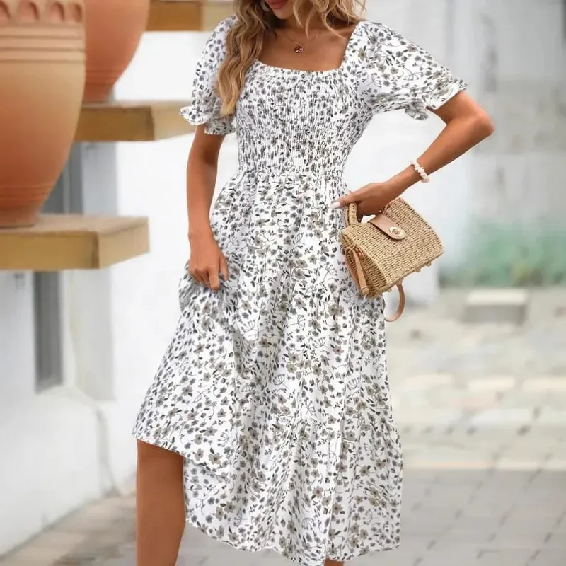 2025 New Women's Printed Dress Square Collar Bubble Sleeve Empire Waist Midi Dress Short Sleeve Cross-Border Independent Station — image 4