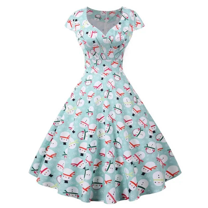 Moda decote em V manga curta estampado vestido de Natal grande balanço vintage elegante vestido de festa de Natal — image 6