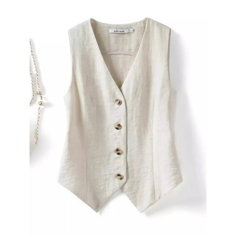 Summer solid color linen vest thin women's vest slim fit short sleeveless suit V-neck shoulder vest — image 5