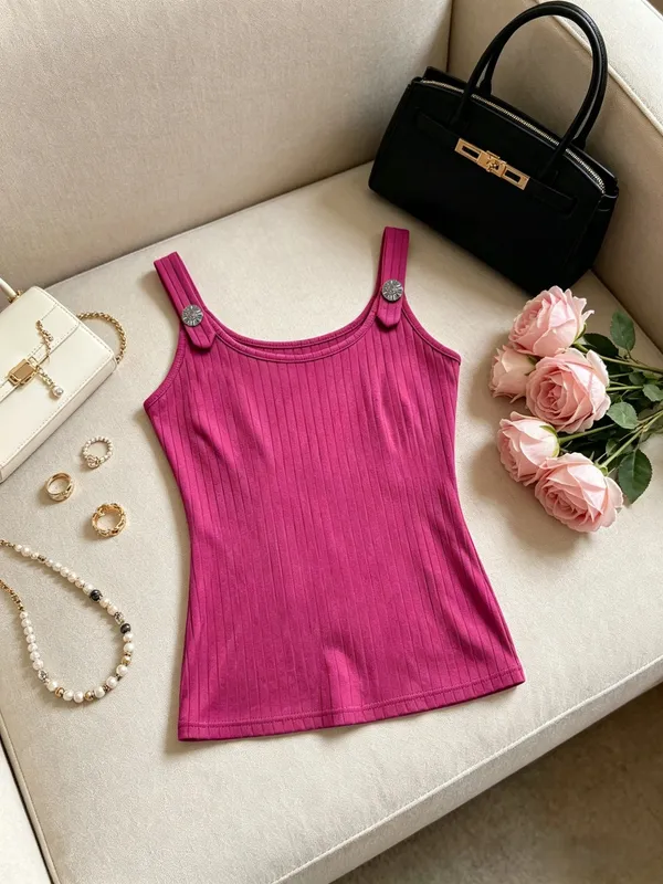 Women Pink Ribbed Tank Top Casual Metal Button Detail U Neck Form Fitting Sleeveless Cami Top — image 1
