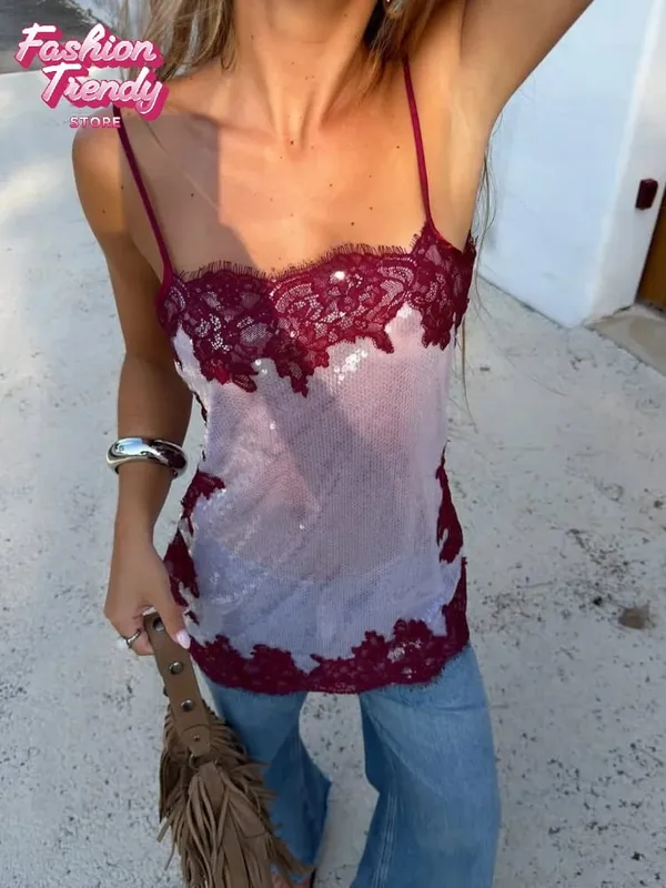 Sequined Lace Trim Slip Mini Dress Women Chic Spaghetti Strap Sleeveless High Waist Slim Short Dresses Lady Vacation Outfit New — image 2