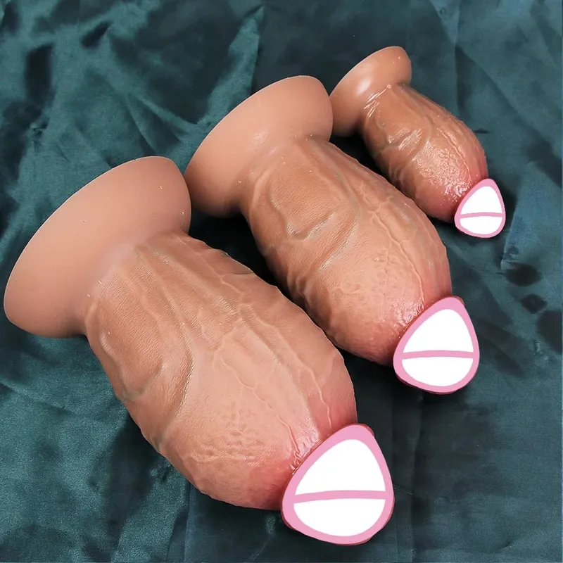 Consolador grueso marrón suave realista, 3 tamaños, pene postizo enorme, pene doble de silicona, ventosa para masturbación para hombre y mujer, Juguetes sexuales anales — image 3