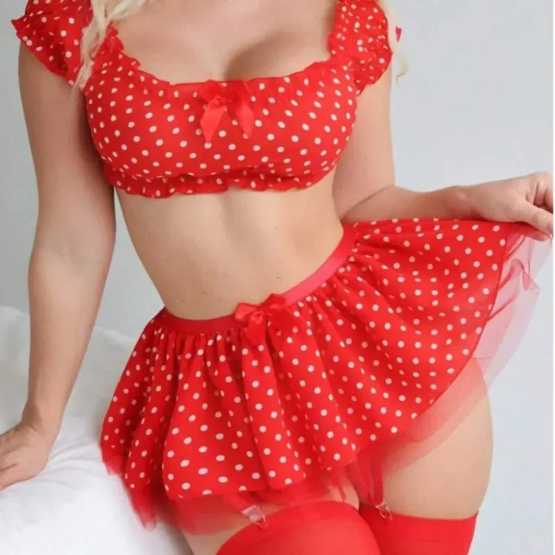 Women's Sexy Short Skirt with Garter Straps Sexy Lingerie Women Sexy Polka Dot Off Shoulder Puffy Skirt Polka Exotic Set — image 6