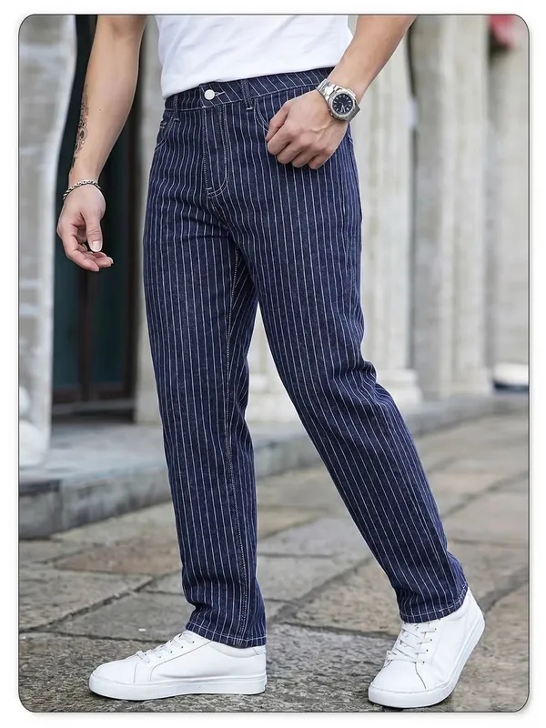 Light Luxury Blue White Striped Jacquard Slim Elastic Fit Straight Leg Jeans Business Casual Style Commuting Denim Pants — image 7