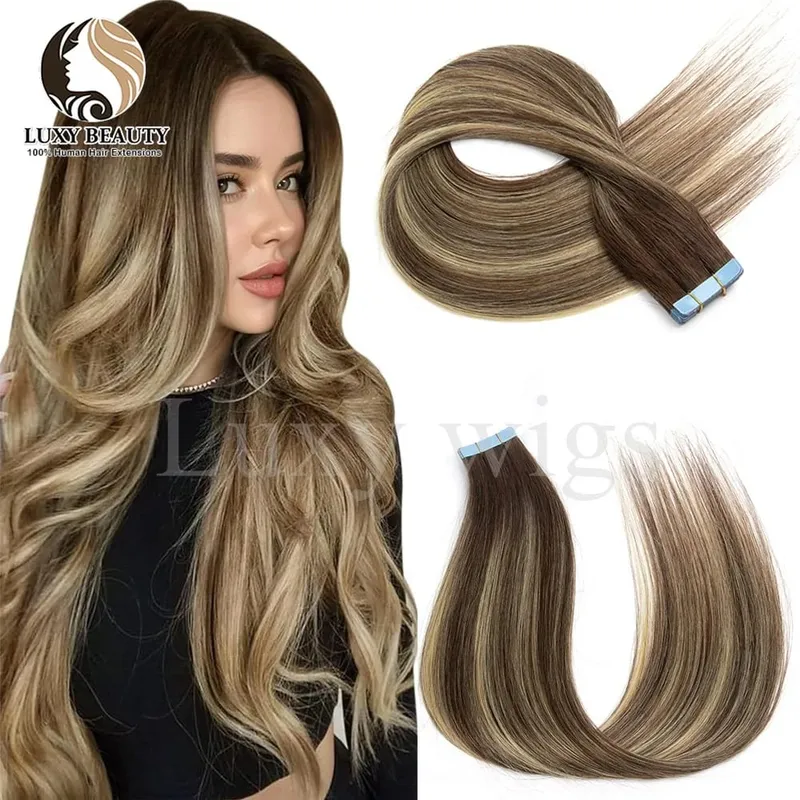 Highlights Brown Tape in Hair Extensions Human Hair Straight Black Blonde Seamless PU Skin Weft Tape In Hair Extensions 20PCS