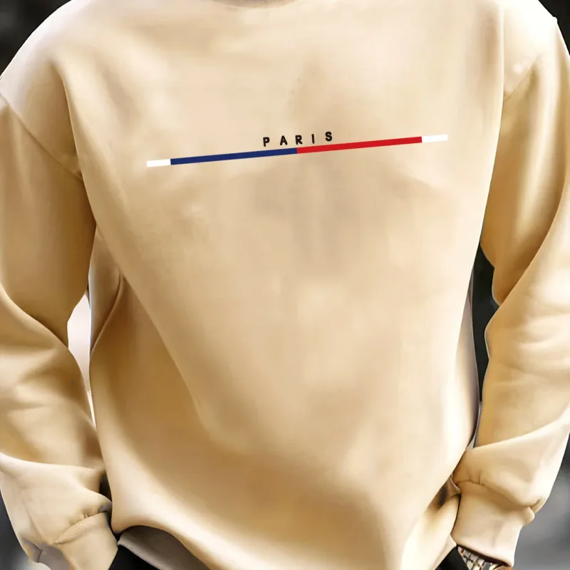 Outono e inverno masculino esportes casuais solto oversized paris impressão com lã quente pulôver em torno do pescoço manga comprida moletom — image 4