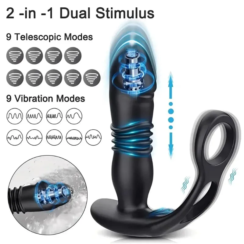 Thrusting Anal Dildo Vibrator Male Prostate Massager Vibrating Anal Plug with Cock Ring Adult Anal Sex Toys for Gay Men Couple