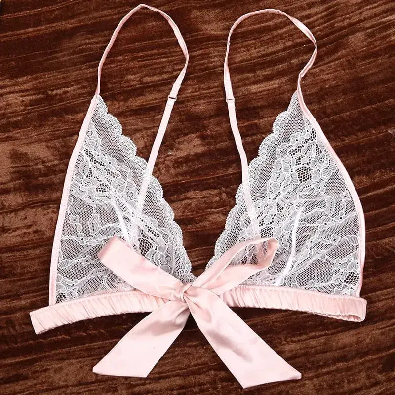 Lingerie sexy francesa renda babados sem fio sutiã e calcinha com liga conjunto de roupa íntima tentação transparente conjunto de sutiã ultrafino — image 4