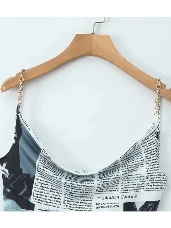 Bagong Pambabaeng Pahayagan ng Letter Print Irregular Hem Sling Dresses Fashion Backless Manipis na Straps Na May Chain Summer Sexy Dress KJH2 — image 5