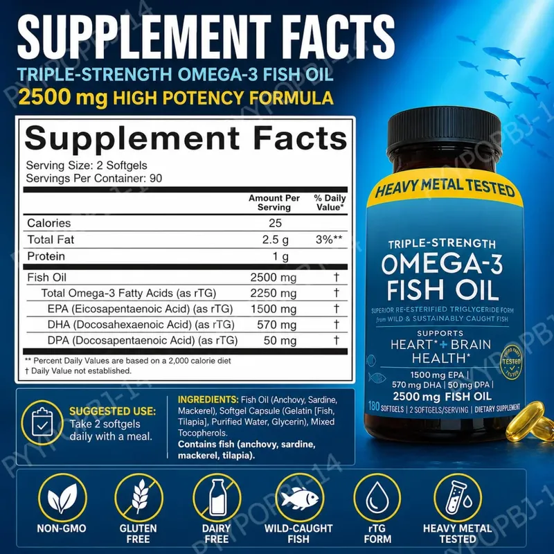 Omega-3 Fish Oil Softgels 2500mg EPA DHA DPA RTG Form 180 Count Non-GMO Gluten Free Daily Wellness Supplement for Adults — image 3